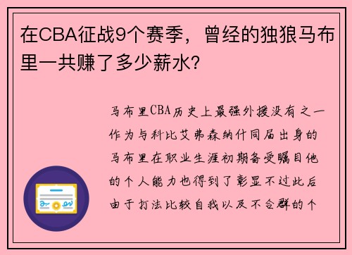 在CBA征战9个赛季，曾经的独狼马布里一共赚了多少薪水？