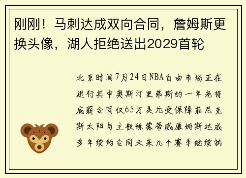 刚刚！马刺达成双向合同，詹姆斯更换头像，湖人拒绝送出2029首轮